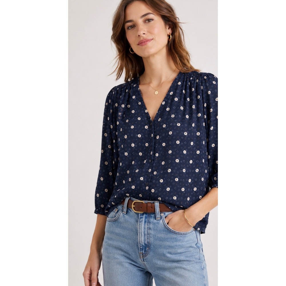 Sessun Navy Blue Floral Button Front V-Neck Blouse 3/4 Sleeve Viscose Top